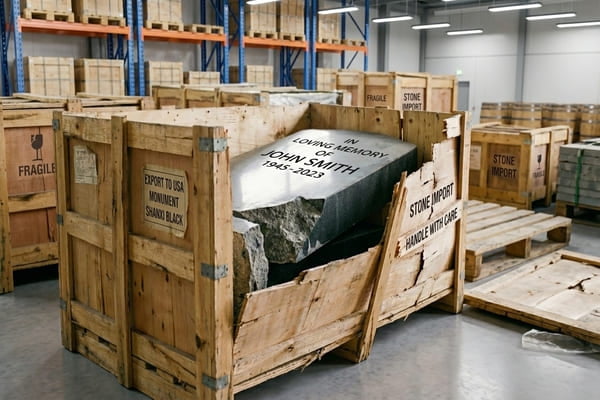 Broken granite monument inside thin wooden crate