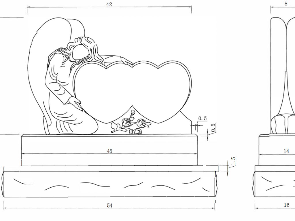 Dimensioned front and side drawing of an angel and double-heart memorial