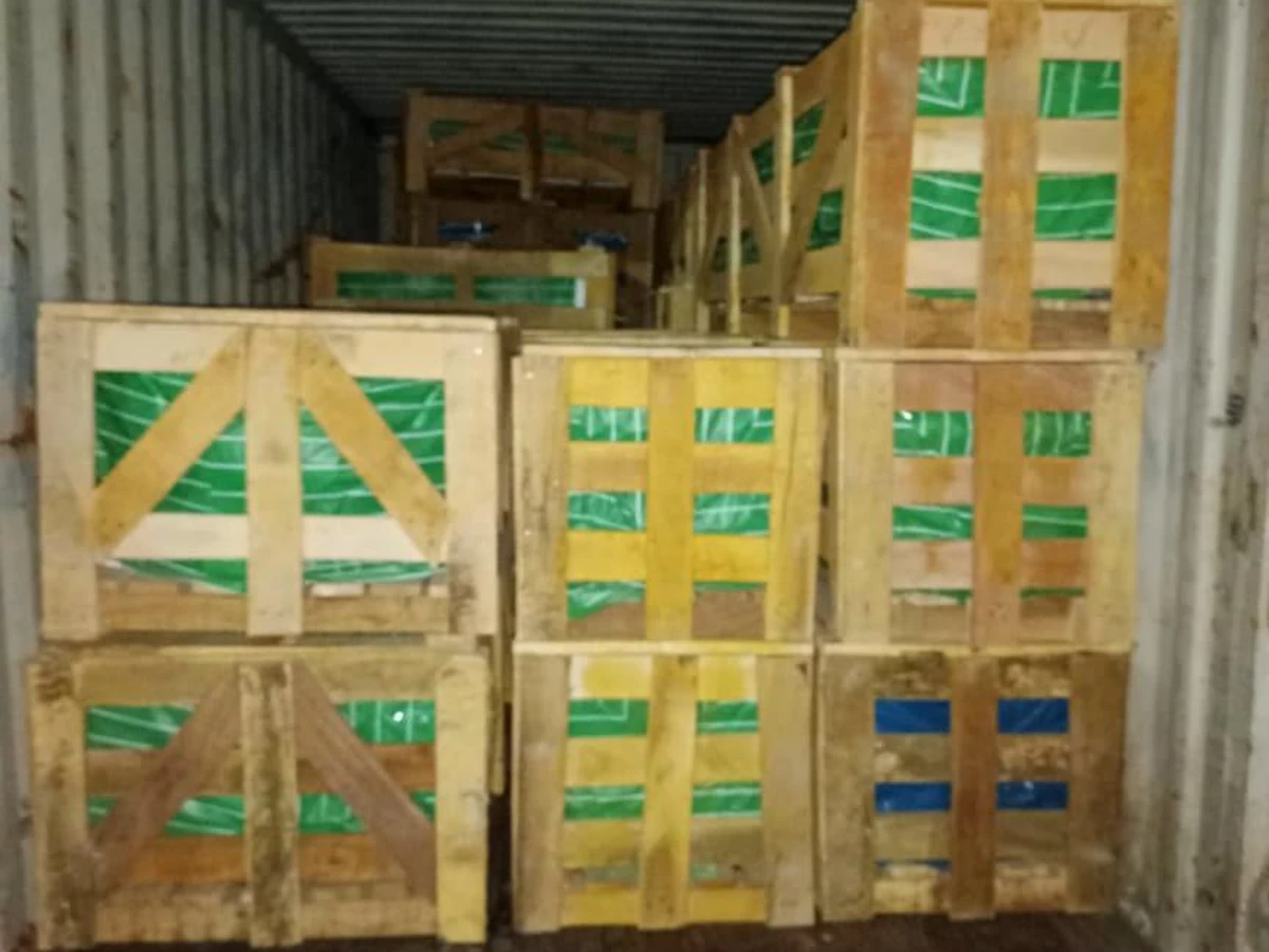 Reference photograph of reinforced memorial crates secured inside a shipping container