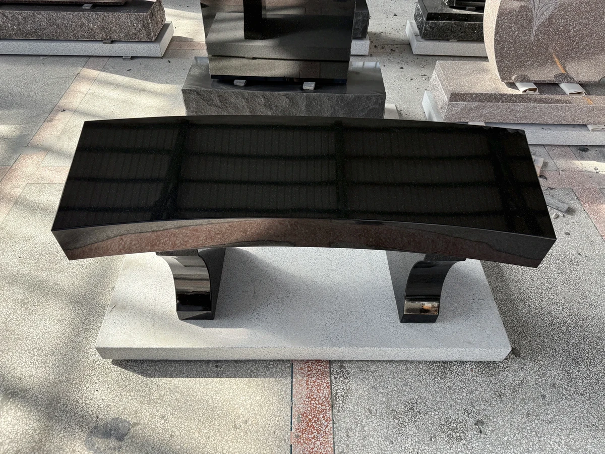 Complete polished black granite memorial bench with two legs